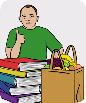 Man thumbs up in front of a pile of books and a bag with food
