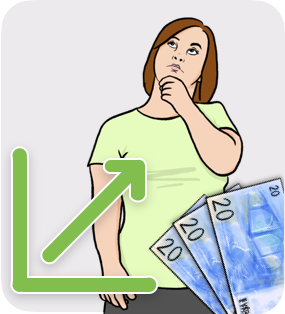 A woman thinking, a growing job curve and euro's banknotes