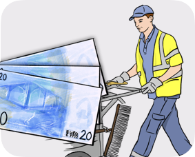 A street-sweeper aside of euro's banknotes icon