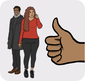 Woman and a man standing, at the side of a big hand thumbs up