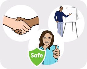 Fair and equal treatment at work: two hands shaking, a man giving a training and a smiling woman with her thumbs up