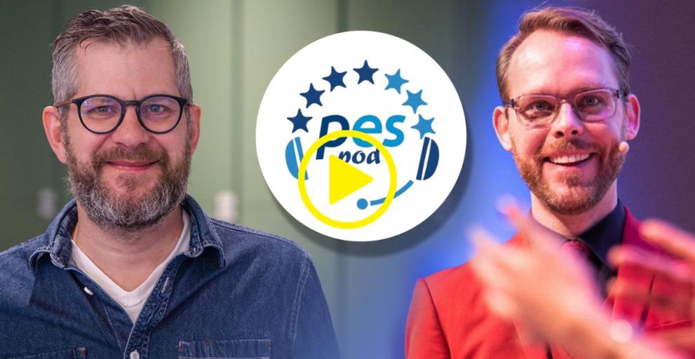 The guests of episode 24 of PESPod and the logo of the Podcast.